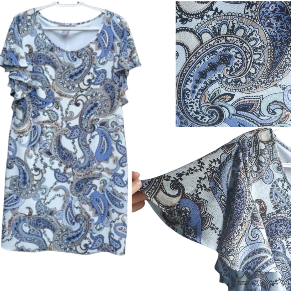 Kate & Mallory Blue Paisley Pullover Dress L Flutter Sleeves Lined Texture